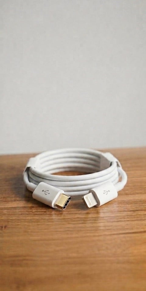 White USB-C to Lightning charging cable coiled on a wooden surface against a white wall