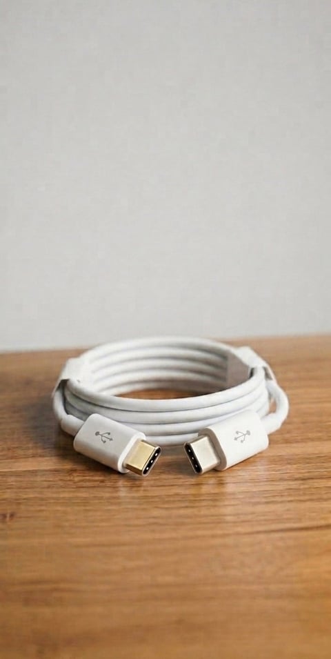 Coiled white USB-C charging cable with connectors on wooden surface against gray wall