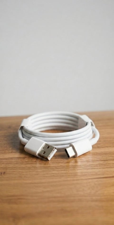White USB-C charging cable coiled on a wooden surface against a gray background